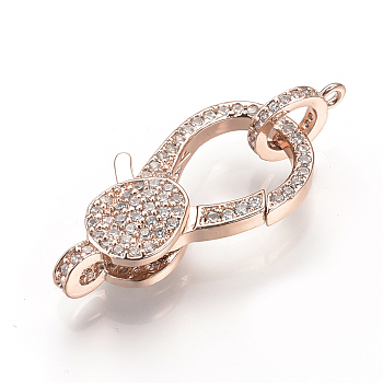 Brass Micro Pave Cubic Zirconia Lobster Claw Clasps, Rose Gold, 25.5x13x5.5mm, Hole: 2mm