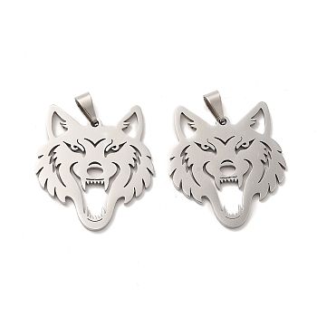 201 Stainless Steel Pendants, Wolf Head Charm, Stainless Steel Color, 31x27x1.5mm, Hole: 6.5x3mm
