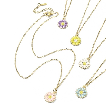 Alloy Enamel Sunflower Pendant Necklace with 304 Stainless Steel Chains, Mixed Color, 15.94~16.10 inch(40.5~40.9cm)
