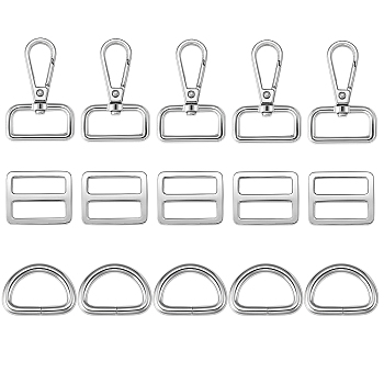 15Pcs 3 Style Iron D Rings, Alloy Slider Buckles & Swivel Clasps, Platinum, 5pcs/style