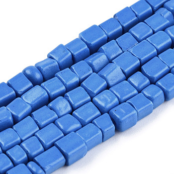 Opaque Spray Painted Glass Bead Strands, Rectangle, Royal Blue, 2~4.5x3.5~4x3.5~4mm, Hole: 1.2mm, about 105~110pcs/strand, 14.88 inch~15.28 inch(37.8~38.8cm)