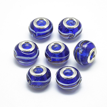 Handmade Lampwork European Beads, with Platinum Brass Double Cores, Large Hole Beads, Rondelle, Blue, 13~15x10mm, Hole: 5mm