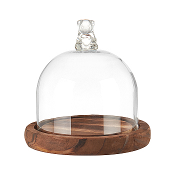 Glass Microlandschaft Covers, Glass Bear Cover, Decorative Display Case, Cloche Bell Jar Terrarium with Wood Base, for DIY Preserved Flower Gift, Coconut Brown, 113x110mm, Base: 113x16mm