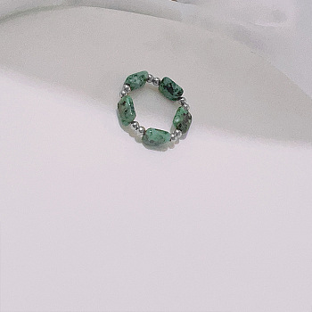 Handmade Natural Green Spot Jasper Stretch Rings, Adjustable Beaded Rings, 