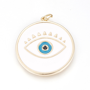 Brass Enamel Pendants, Long-Lasting Plated, Lead Free & Cadmium Free & Nickel Free, Flat Round with Evil Eye, Real 18K Gold Plated, White, 31x28.5x2mm, Hole: 3.5mm