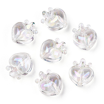 UV Plating Transparent Rainbow Iridescent Acrylic Beads, Heart with Crown, Clear AB, 24.5x21.5x14mm, Hole: 3mm