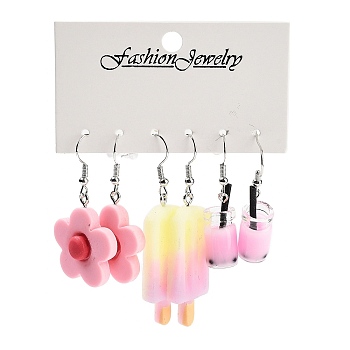3 Styles Summer Flower & Ice Lolly & Drink Acrylic Dangle Earring Sets for Women, Pink, 42~60.5x10~22.5mm, 3 pairs/set