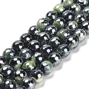 Electroplated Natural Fire Crackle Agate Round Beads Strands, Dyed & Heated, Faceted(128 Facets), Spring Green, 10mm, Hole: 1.4mm, about 38pcs/strand, 14.96 inch(38cm)