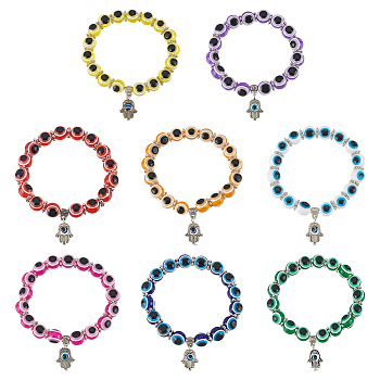 8Pcs 8 Colors Evil Eye Resin Beaded Stretch Bracelets Set with Hamsa Hand Charms, Mixed Color, Inner Diameter: 2 inch(5cm), 1Pc/color