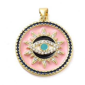 Real 18K Gold Plated Brass Clear Cubic Zirconia Pendants, with Enamel, Flat Round with Evil Eye, Pink, 25x22.5x2.5mm, Hole: 5x3.5mm