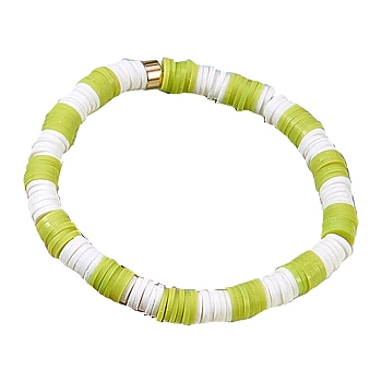Polymer Clay Heishi Surfer Stretch Bracelet with 304 Stainless Steel Beaded, Preppy Bracelet, Green Yellow, Inner Diameter: 2 inch(5.2cm)
