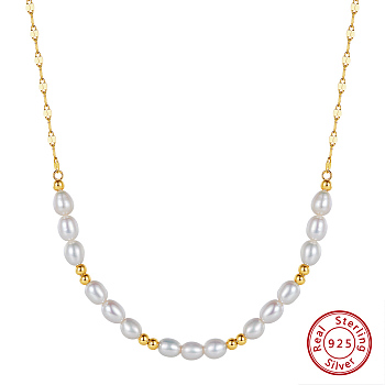 925 Sterling Silver with Natural Pearls Beads Necklaces, Oval, Real 14K Gold Plated, 15.98 inch(40.6cm)