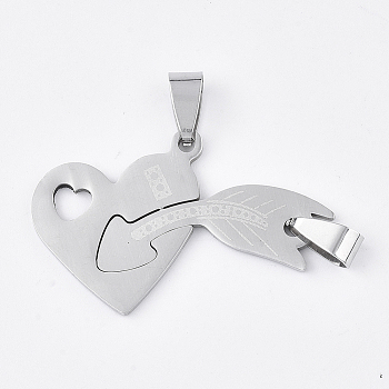 201 Stainless Steel Split Pendants, for Lovers, Heart and Arrow, Stainless Steel Color, 24x40x1mm, Hole: 8x4mm