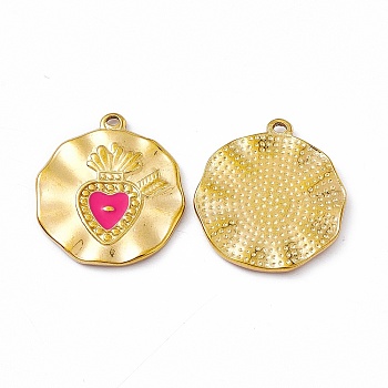 Vacuum Plating 201 Stainless Steel Enamel Pendants, Real 18K Gold Plated, Flat Round with Sacred Heart Charm, Deep Pink, 22x19.5x1.7mm, Hole: 1.3mm