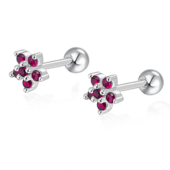 S925 Sterling Silver Flower Stud Earrings, with Cubic Zirconia, Silver, Silver, 5x3mm