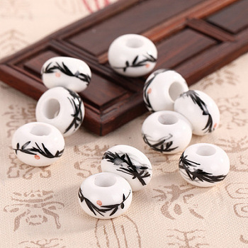 Handmade European Porcelain Beads, DIY Accessories for Jewelry Making, Rondelle with Flower, Black, 14x9mm, Hole: 5mm