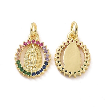 Brass Micro Pave Colorful Cubic Zirconia Pendants, with Jump Ring, Oval with Virgin Mary Charms, Real 18K Gold Plated, 15.5x11x2mm, Hole: 3.2mm