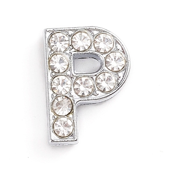 Alloy Slide Charms, with Crystal Rhinestone, for DIY Craft Jewelry Making, Letter, Platinum, Letter.P, 14x10.5x5mm, Hole: 2x11mm