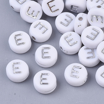 Plating Acrylic Beads, Silver Metal Enlaced, Horizontal Hole, Flat Round with Letter, White, Letter.E, 7x4mm, Hole: 1.2mm, about 3600pcs/500g.