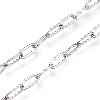 304 Stainless Steel Paperclip Chains, Drawn Elongated Cable Chains, with Spool, Soldered, Stainless Steel Color, 9.5x4x0.5mm, about 32.8 Feet(10m)/roll