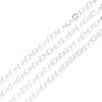 Brass Cable Chains, Soldered, Flat Oval, Silver, 2.2x1.9x0.3mm, Fit for 0.6x4mm Jump Rings(X-CHC-T008-06A-S)