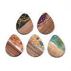Opaque Resin & Walnut Wood Pendants, Teardrop Charms, with Glitter Powder, Mixed Color, 35.5x26x3.5mm, Hole: 2mm(RESI-T060-50M)