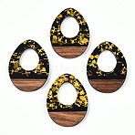 Opaque Resin & Walnut Wood Pendants, Hollow Teardrop Charms with Paillettes, Black, 37.5x28x3.5mm, Hole: 2mm(RESI-TAC0021-67)