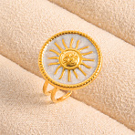Adjustable Stainless Steel with Enamel Cuff Rings for Women, Flat Round with Sun, Golden, 18mm, Inner Diameter: 19mm(XY2764-4)