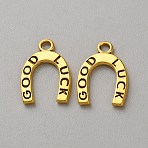 Alloy Pendants, Letter U with GOOD LUCK, Antique Golden, 17.5x12x1.5mm, Hole: 2mm(FIND-WH20004-28AG)