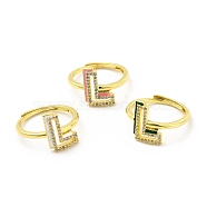Mixed Color Enamel Initial Letter Adjustable Ring with Clear Cubic Zirconia, Real 18K Gold Plated Brass Jewelry for Women, Cadmium Free & Lead Free, Letter.L, US Size 5 1/4(16mm), Letter.L: 13x9.5mm(RJEW-P045-01G-L)