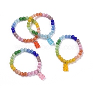 Bear Resin Stretch Charm Bracelets, with Round Cat Eye Beads, Mixed Color, Inner Diameter: 2-1/8 inch(5.5cm), 4pcs/set(BJEW-JB06271)