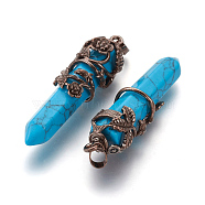 Synthetic Turquoise Pointed Pendants, with Red Copper Plated Brass Findings, Bullet, 57~60x16mm, Hole: 8x5mm(G-O164-02B)