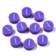 Handmade Polymer Clay Beads, Flat Round with Alphabet, Medium Purple, Letter.I, 9x3.5~5mm, Hole: 1.6mm(CLAY-N011-031I)