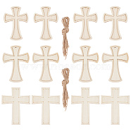 15Pcs 3 Styles Unfinished Wood Cross Pendants, with Hemp Rope, Religion Theme, Wheat, 127x92~97x2.5~5mm, Hole: 3.5mm, 5pcs/style(WOOD-AR0001-31)