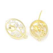 Brass Pave Clear Cubic Zirconia Stud Earring Findings, with Loop, Oval with Flower, Real 14K Gold Plated, 22x15.5mm, Hole: 1.6mm, Pin: 0.5mm(KK-F875-04G)