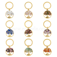 Gemstone Chip Tree of Life Pendant Keychain with Tibetan Style Alloy Charm and Brass Keychain Clasps, 5.4cm, 9 colors, 2pcs/color, 18pcs/set(KEYC-AB00021)