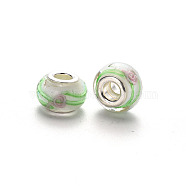 Handmade Lampwork European Beads, Large Hole Rondelle Beads, with Platinum Tone Brass Double Cores, with Flower Pattern, Floral White, 14~16x9~10mm, Hole: 5mm(LPDL-N001-087-F10)