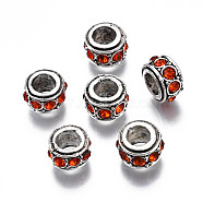 Alloy Rhinestone European Beads, July Birthstone Beads, Large Hole Beads, Cadmium Free & Lead Free, Fit European Bracelet Jewelry Making, Antique Silver, Rondelle, Padparadscha, 11x6.5mm, Hole: 5mm(MPDL-Q212-001G-RS)