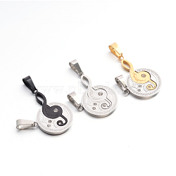 Valentine's Couple Jewelry 304 Stainless Steel Rhinestone Flat Round and Musical Note with Word Love You Pendants, Mixed Color, 28x24x3mm, Hole: 5.5x10.5mm, 12x35.5x3mm, Hole: 5.5x10mm(STAS-E090-74)
