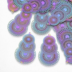 Ion Plating(IP) 304 Stainless Steel Filigree Pendants, Etched Metal Embellishments, Rainbow Color, 40x24.5x0.3mm, Hole: 1mm(X-STAS-R102-10)