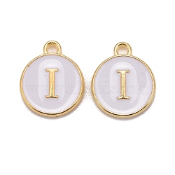 Golden Plated Alloy Charms, Cadmium Free & Lead Free, with Enamel, Enamelled Sequins, Flat Round with Letter, White, Letter.I, 14x12x2mm, Hole: 1.5mm(X-ENAM-S118-01I)