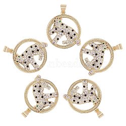 5Pcs Brass Micro Pave Colorful Cubic Zirconia Pendants, Flat Round with Leopard, Real 18K Gold Plated, 24.5x22x4.5mm, Hole: 3.5x4mm(KK-SZ0001-97)