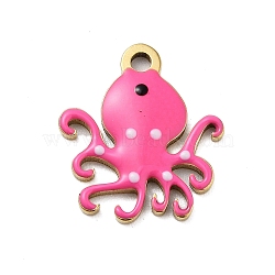 Ion Plating(IP) 201 Stainless Steel Charms, with Enamel, Real 18K Gold Plated, Sea Animal, Octopus Charm, Hot Pink, 13.5x12x1.5mm, Hole: 1.4mm(STAS-A101-01B-02G)