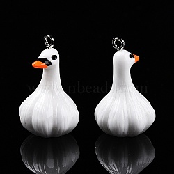 Opaque Resin Animal Pendants, Cartoon Garlic Duck Charms, with Platinum Plated Iron Loops, White, 30~31x19x19mm, Hole: 2mm(RESI-T057-08)