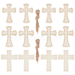 15Pcs 3 Styles Unfinished Wood Cross Pendants, with Hemp Rope, Religion Theme, Wheat, 127x92~97x2.5~5mm, Hole: 3.5mm, 5pcs/style(WOOD-AR0001-31)