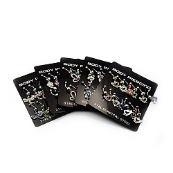 Mixed 316L Surgical Stainless Steel Dangle Belly Button Rings, with Alloy Rhinestone Charms, Mixed Color, 25x8~10mm, Bar Length: 7/16"(11mm), Pin: 15 Gauge(1.5mm), about 12pcs/board(AJEW-P003-M)