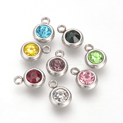 201 Stainless Steel Rhinestone Charms, Birthstone Charms, Flat Round, Stainless Steel Color, Mixed Color, 8.5x6x3mm, Hole: 1.5mm(STAS-S068-M)