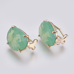 Faceted Glass Stud Earring Findings, with Loop, Light Gold Plated Brass Findings, Oval, Medium Aquamarine, 20x15.5x6~6.5mm, Hole: 1.2mm, Pin: 0.7mm(GLAA-F084-D06)