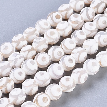 Tibetan Style 3-Eye dZi Beads, Natural Agate, Dyed, Faceted, Round, White, 10mm, Hole: 1mm