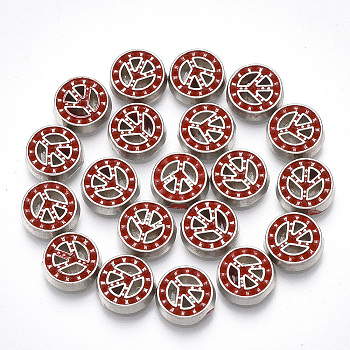 Alloy Enamel Cabochons, Fit Floating Locket Charms, Flat Round with Peace Sign, Red, Platinum, 8x1.5mm